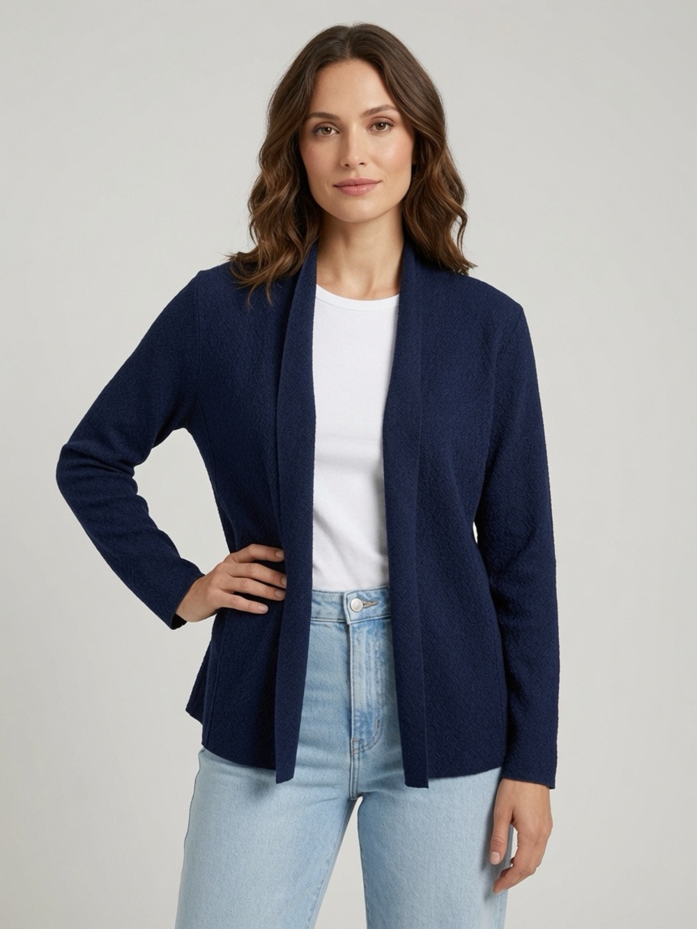 Eileen Fisher Italian Yarn Open-Front Navy 100% Wool Sweater Cardigan M